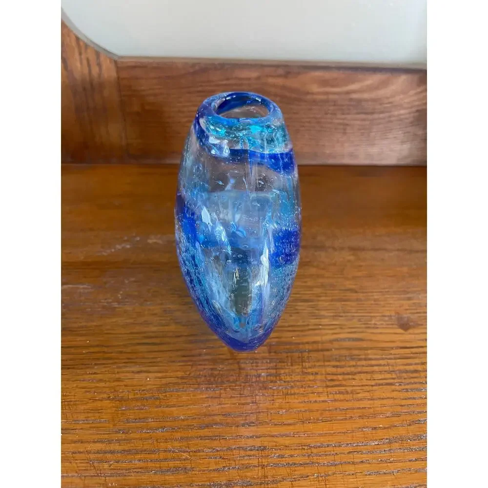 Italian Art Glass Vase with Donut Hole Blue Ribbon Swirls Hand Blown 7